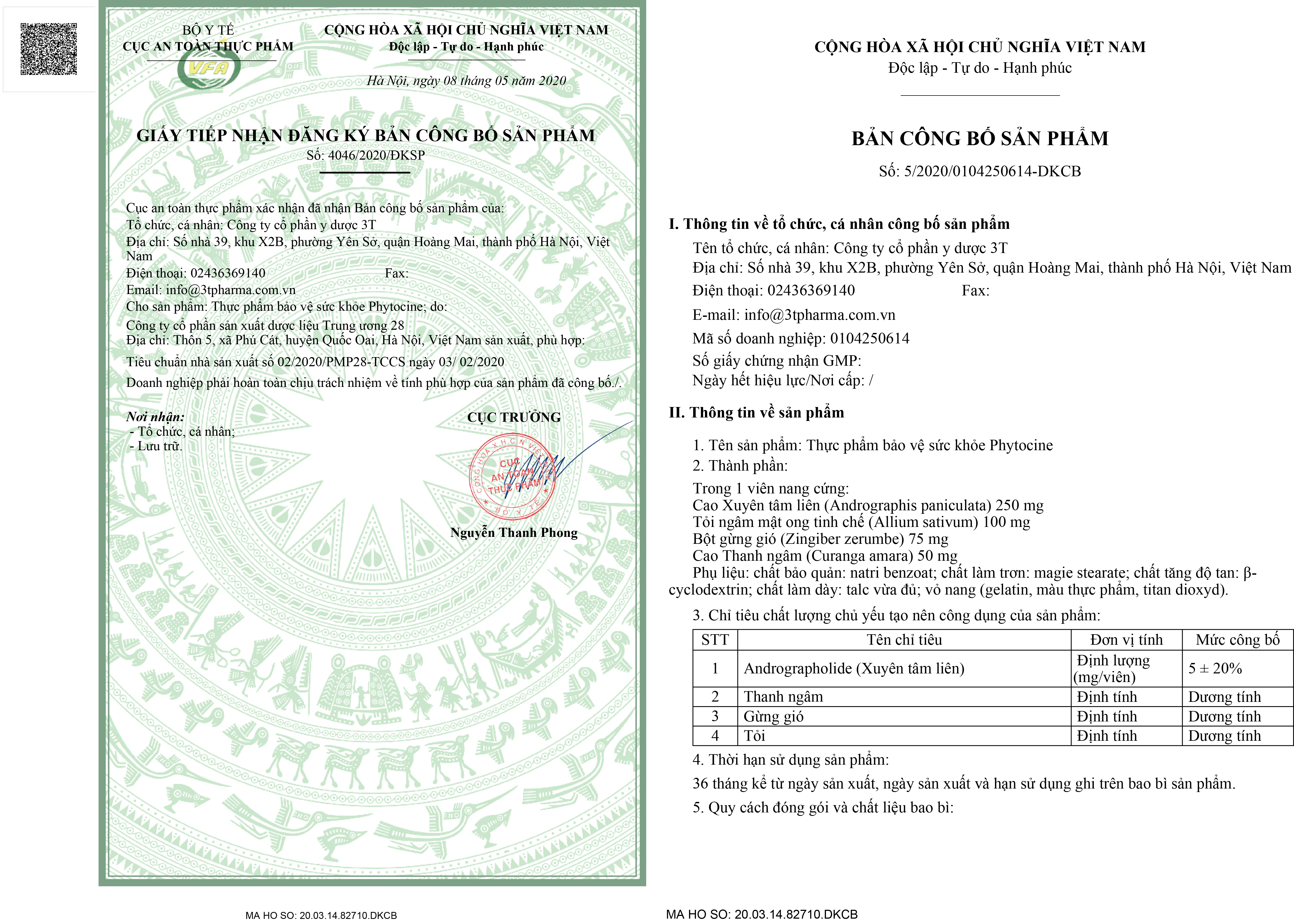 Giấy tiếp nhận đăng ký bản công bố sản phẩm và Giấy xác nhận nội dung quảng cáo của sản phẩm Phytocine
